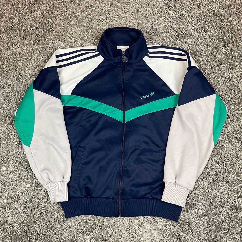 Vintage 80s Adidas Jacket Mens Large Track Trefoil Logo Blue White Spell Out USA